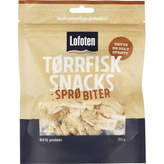 Lofoten Dryfish crisp bites 30 gram (Tørrfisksnacks sprø biter) Norwegian Foodstore